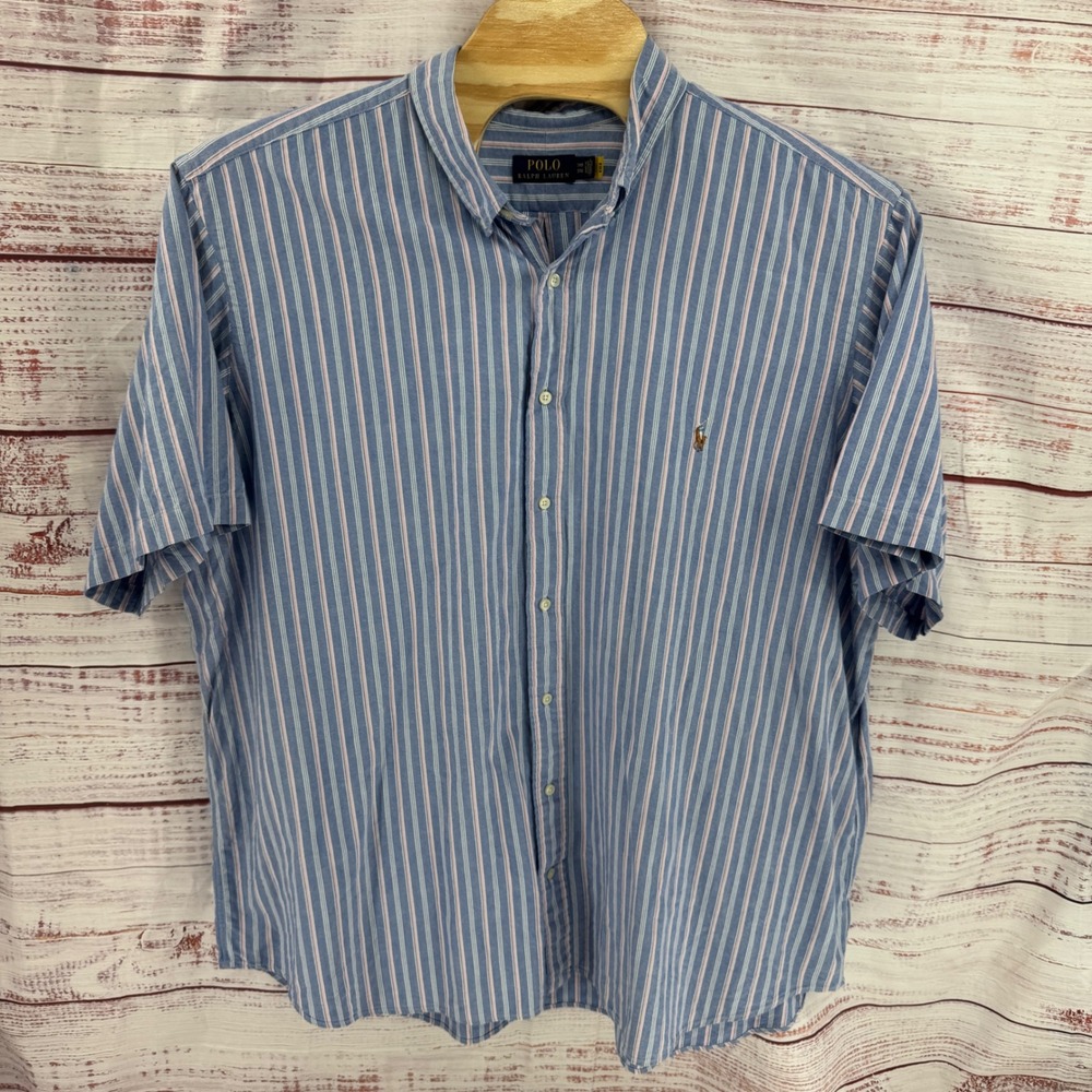 Polo Ralph Lauren Shirt Mens 3XB Blue Pink Striped Short Sleeve Oxford Big Tall
